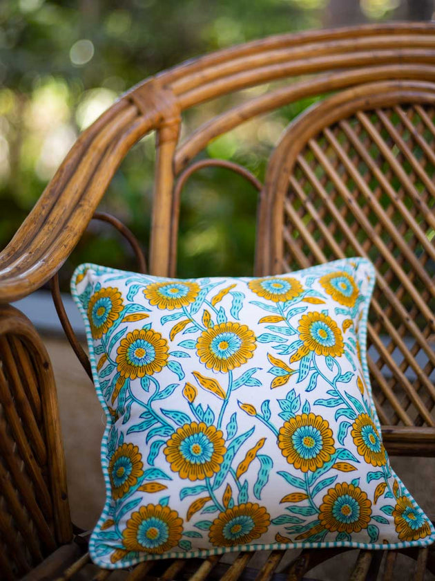 Fields of Sunflower Block Printed Cotton Cushion Cover - 12 Inch - Pinklay