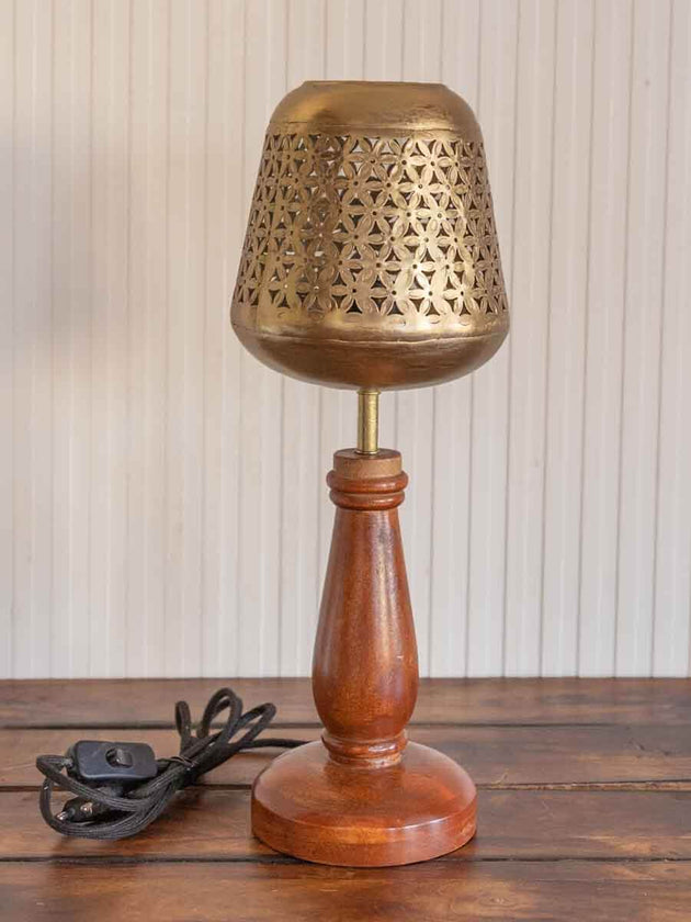 Gazal Metal Cutwork Wooden Base Table Lamp | Pinklay