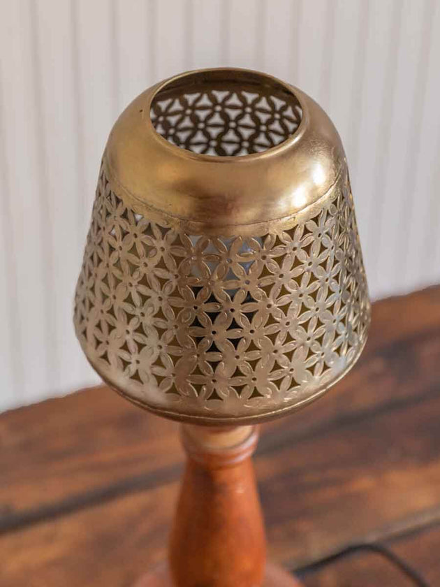 Gazal Metal Cutwork Wooden Base Table Lamp | Pinklay