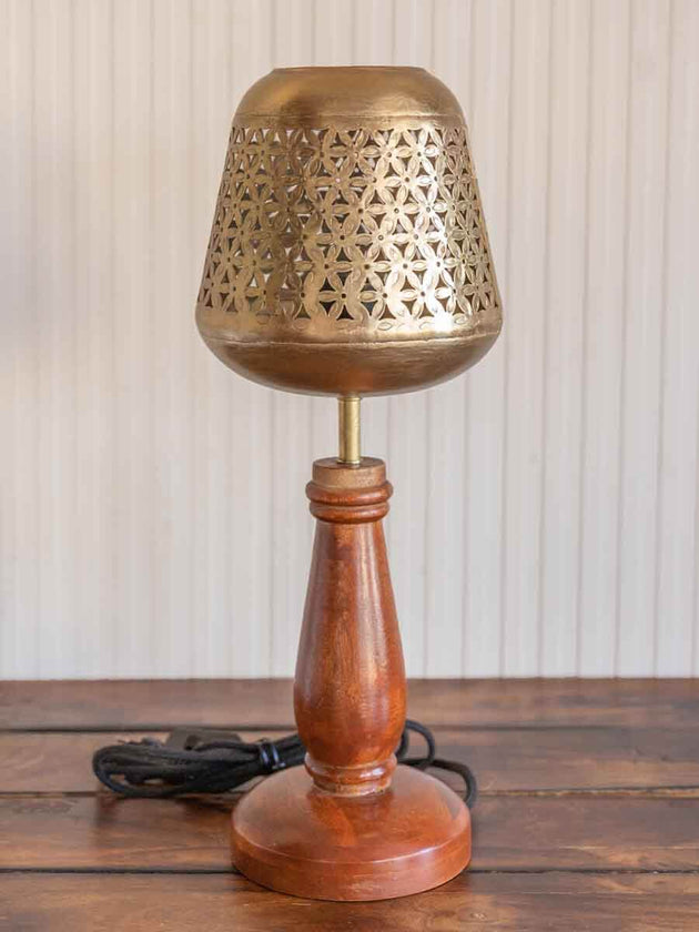 Gazal Metal Cutwork Wooden Base Table Lamp | Pinklay