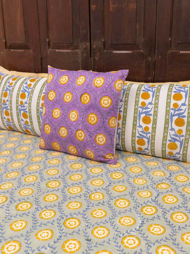 Golden Bloom Hand Block Printed Cotton Bed Sheet | Pinklay