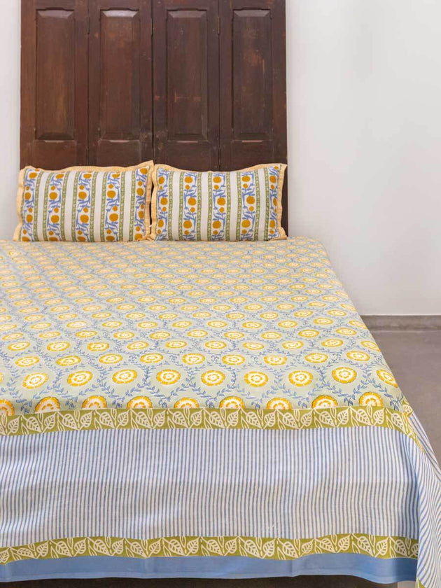 Golden Bloom Hand Block Printed Cotton Bed Sheet | Pinklay