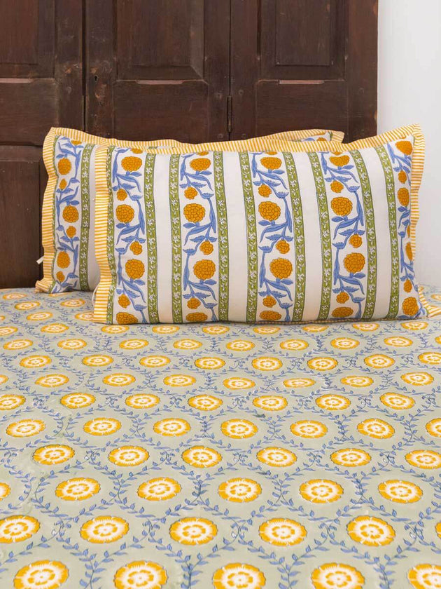 Golden Bloom Hand Block Printed Cotton Bed Sheet | Pinklay