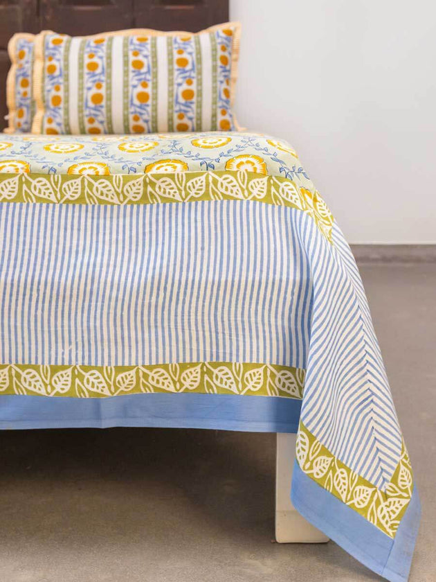 Golden Bloom Hand Block Printed Cotton Bed Sheet | Pinklay