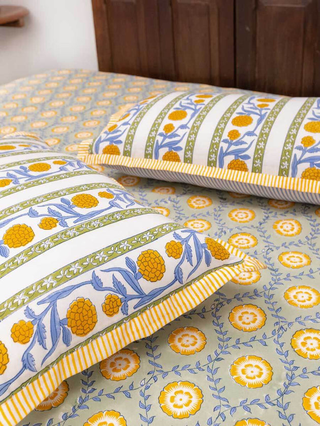 Golden Bloom Hand Block Printed Cotton Bed Sheet | Pinklay