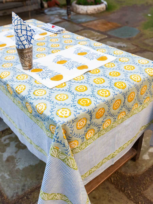 Golden Bloom Block Print Cotton Table Cover - Pinklay