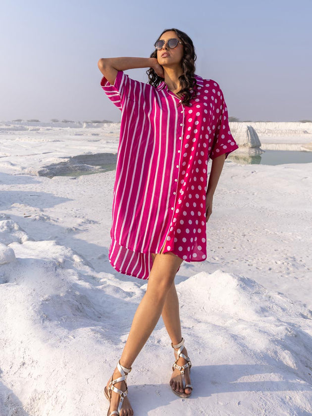 'I Love Pink' Oversized Asymmetrical Modal Long Shirt - Pinklay