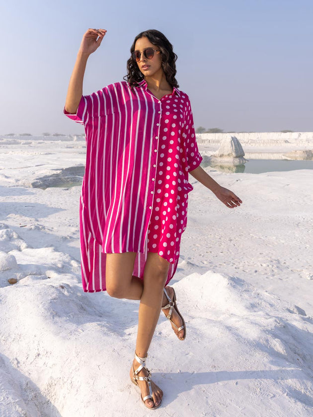 'I Love Pink' Oversized Asymmetrical Modal Long Shirt - Pinklay
