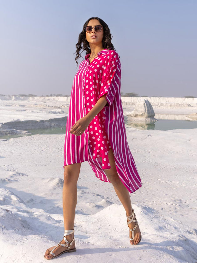 'I Love Pink' Oversized Asymmetrical Modal Long Shirt - Pinklay