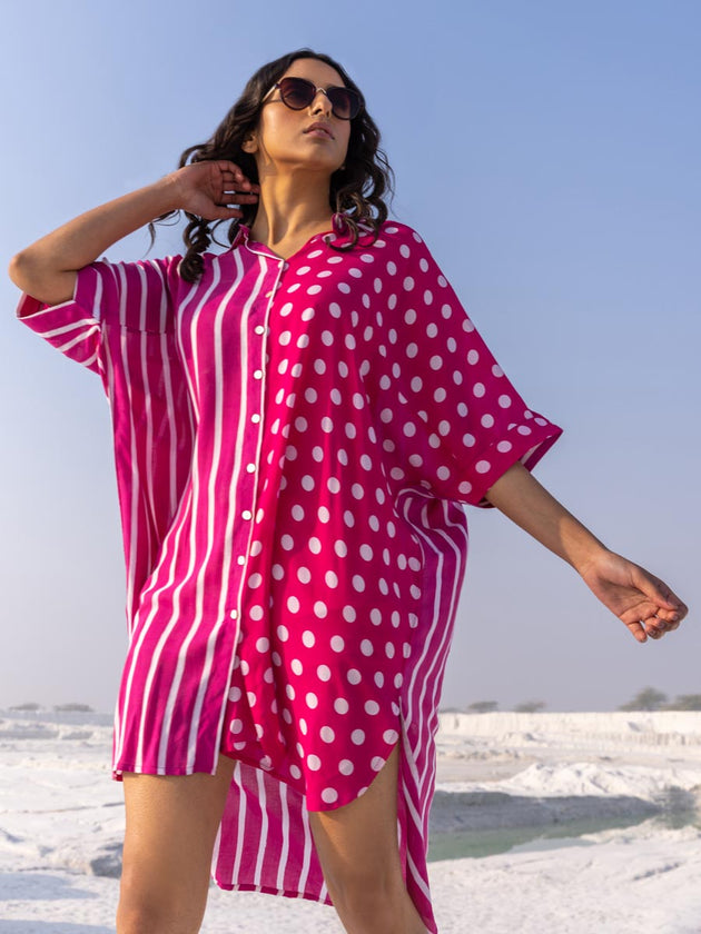 'I Love Pink' Oversized Asymmetrical Modal Long Shirt - Pinklay