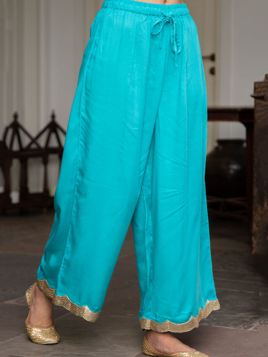 Handloom Cotton Navy Blue Half Sleeve Box Top with Light Grey Palazzo Pants  - Chamomile Home