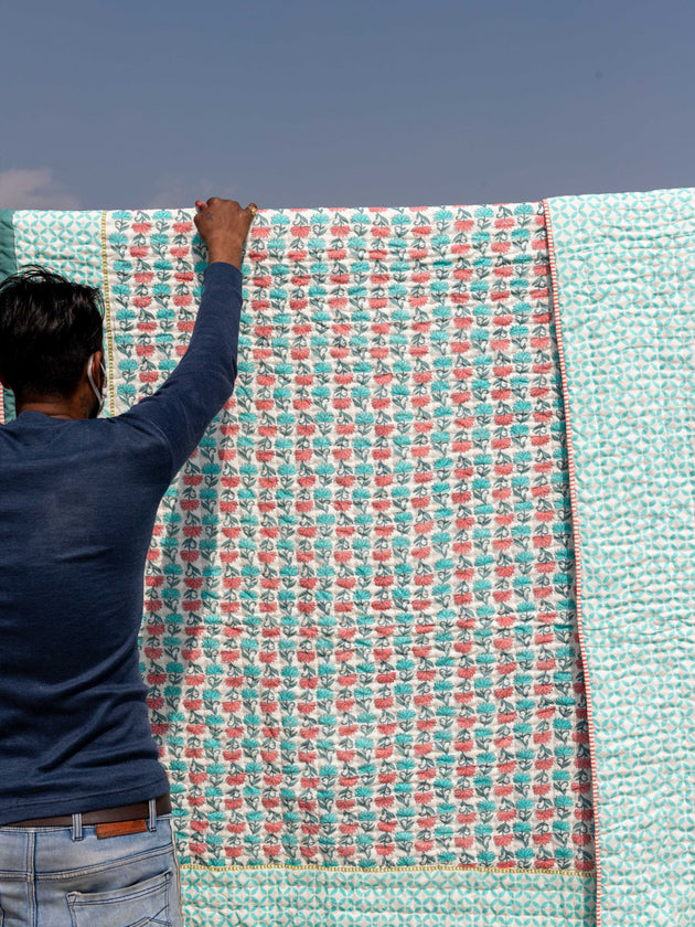 Sacred Lotus Block Printed Cotton Quilt- Pinklay
