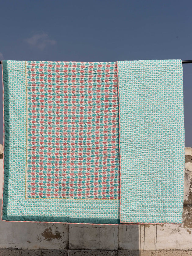 Sacred Lotus Block Printed Cotton Quilt- Pinklay