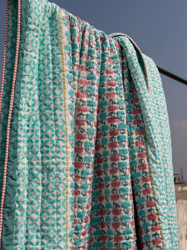 Sacred Lotus Block Printed Cotton Quilt- Pinklay