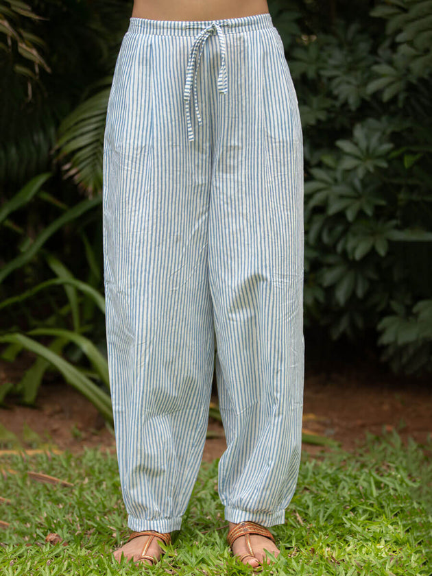Grey Stripes Cotton Lantern Pants - Pinklay