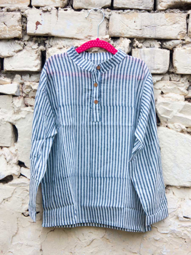 Evergreen Grey Stripes Shirt Kurta with Roll Up Sleeves (Short Kurta) - Pinklay