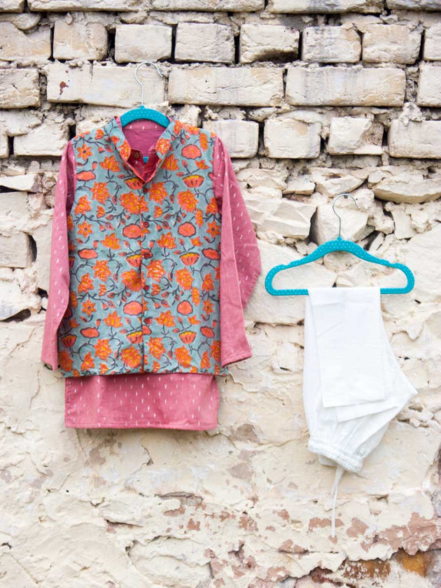 Nihaar Long Kurta Pajama Jacket Set of 3 - Pinklay