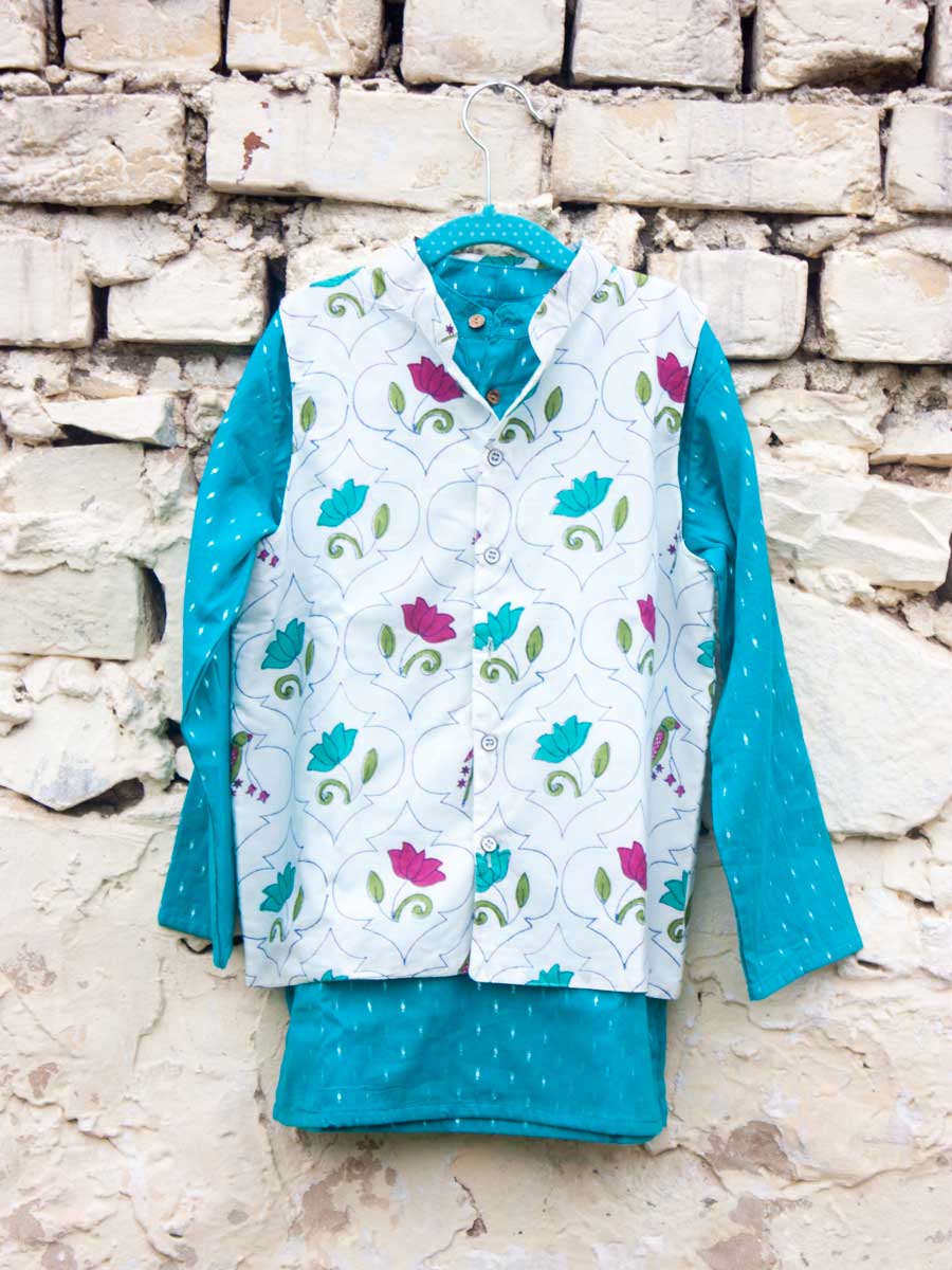 Set of 3 - Samar Block Printed Kurta With Jacket | Pinklay