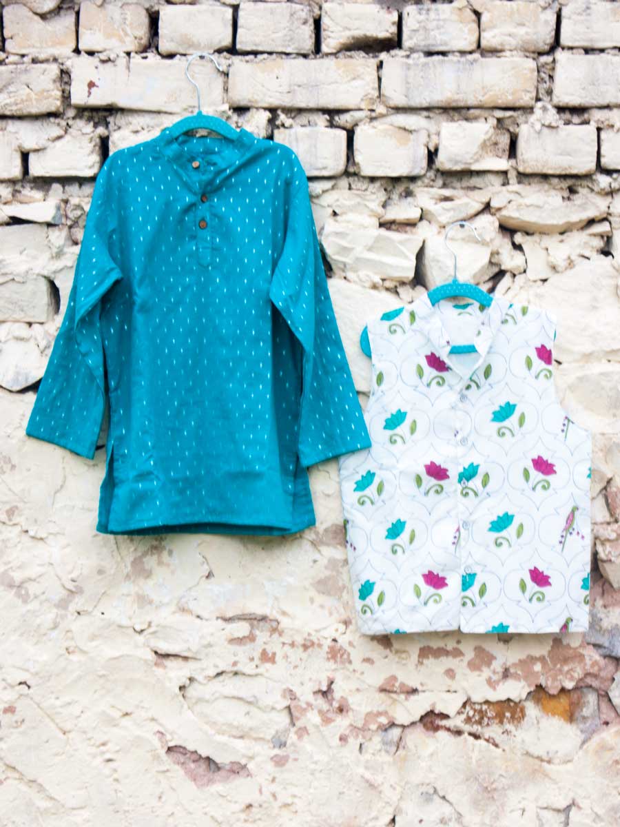 Set of 3 - Samar Block Printed Kurta With Jacket | Pinklay