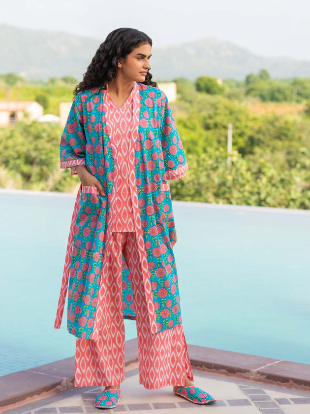 Pink Winter Block Printed Cotton Kimono/Robe - Pinklay