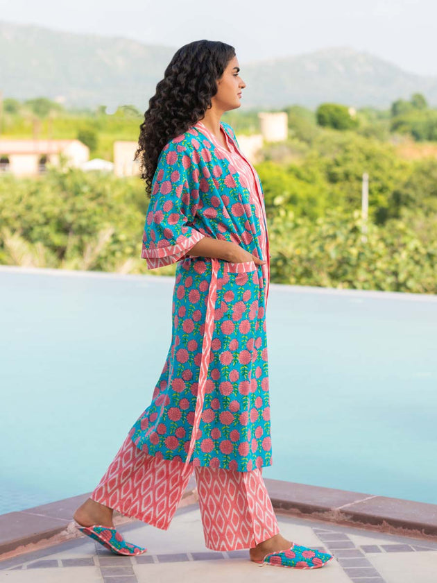 Pink Winter Block Printed Cotton Kimono/Robe - Pinklay