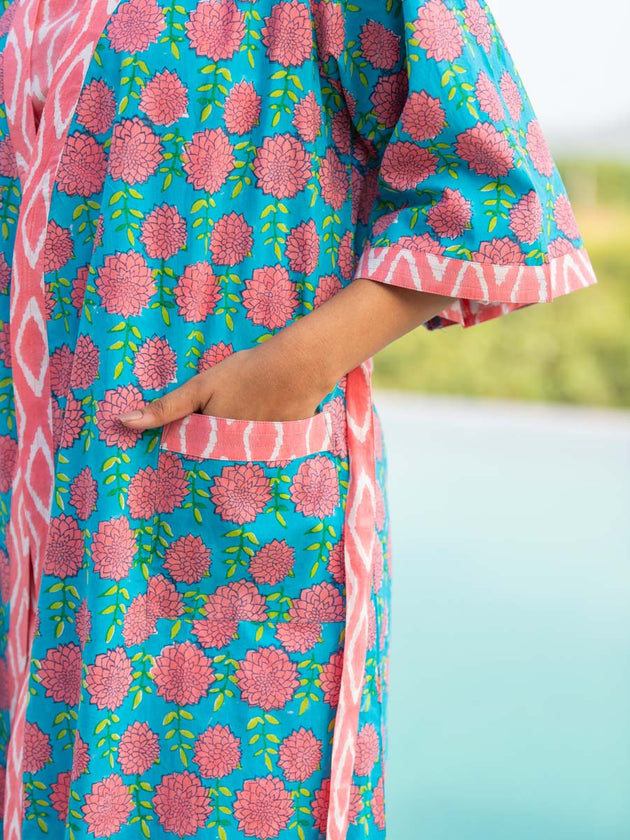 Pink Winter Block Printed Cotton Kimono/Robe - Pinklay