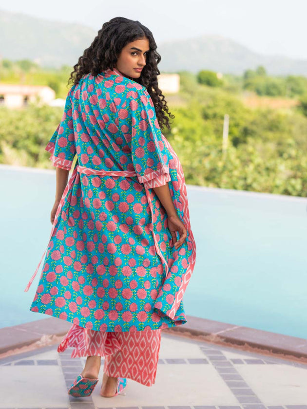 Pink Winter Block Printed Cotton Kimono/Robe - Pinklay
