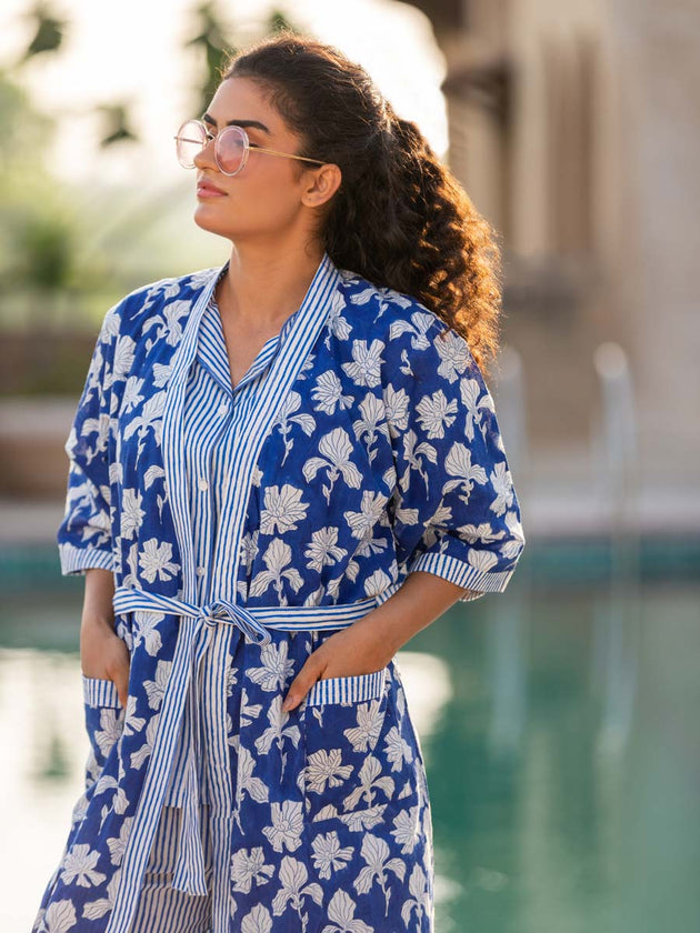 Blue Winter Block Printed Cotton Kimono/Robe - Pinklay