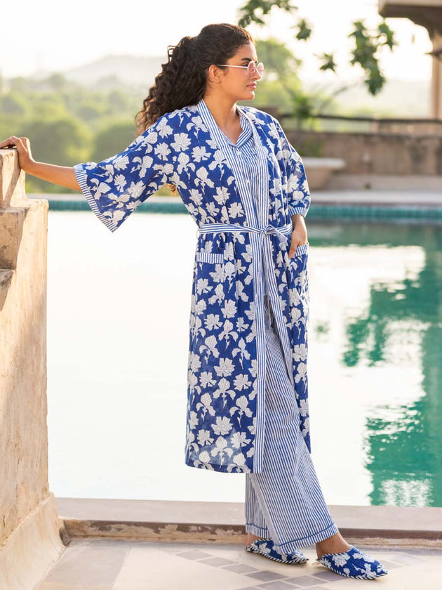 Blue Winter Block Printed Cotton Kimono/Robe - Pinklay
