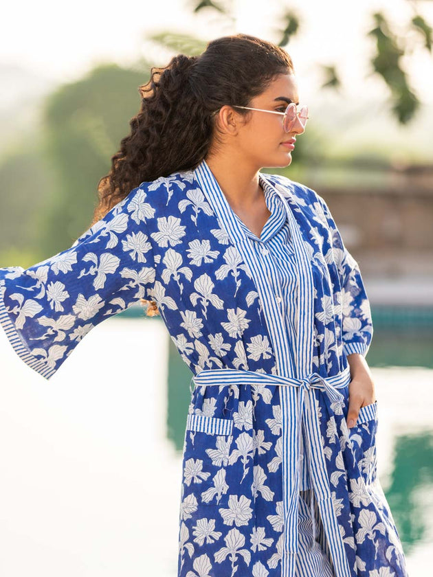 Blue Winter Block Printed Cotton Kimono/Robe - Pinklay