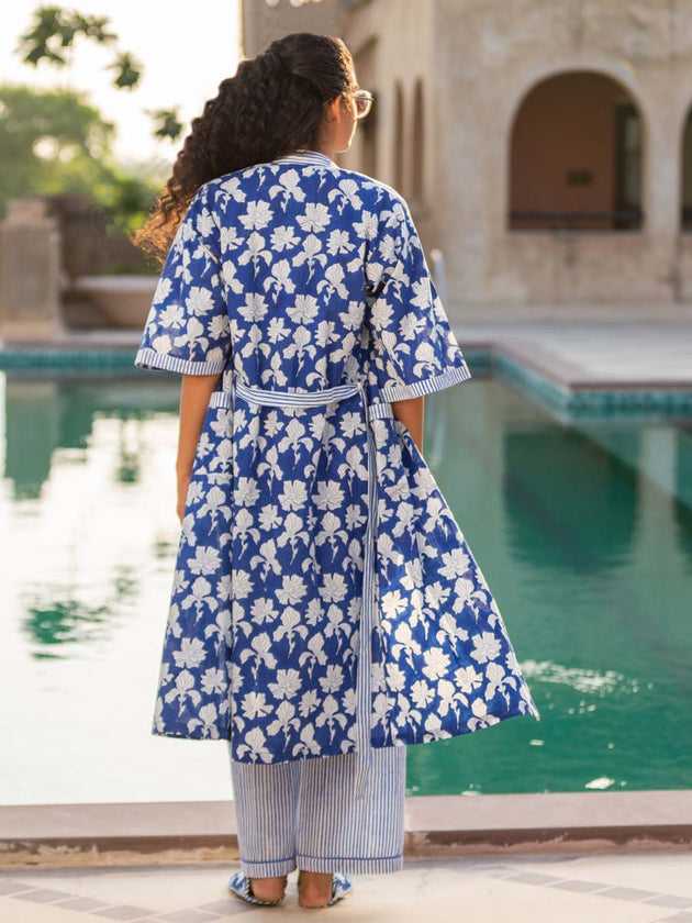Blue Winter Block Printed Cotton Kimono/Robe - Pinklay