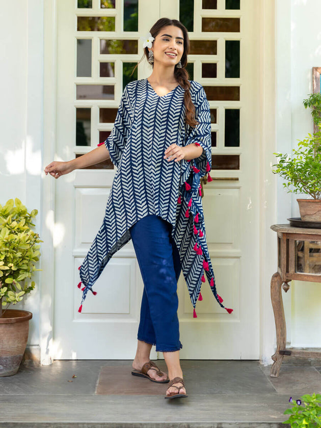 Falak Indigo Long Kaftan Top - Pinklay