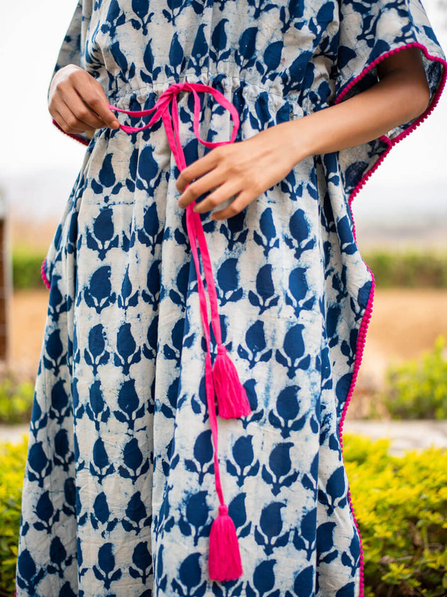 Indigo Paisley Daabu Cotton Kaftan - Pinklay