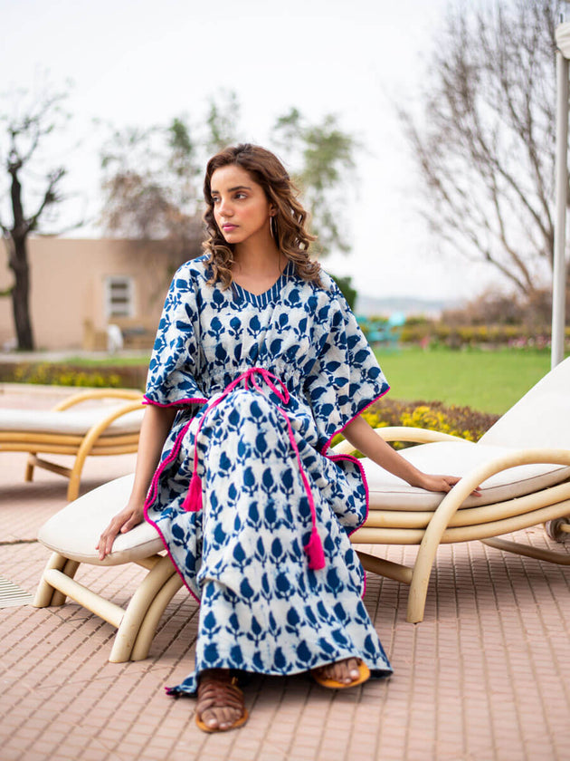 Indigo Paisley Daabu Cotton Kaftan - Pinklay