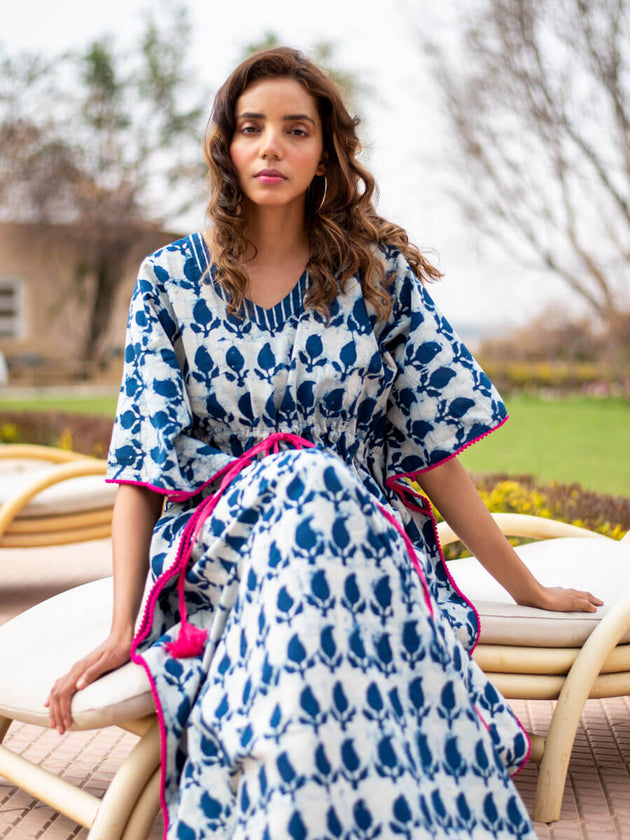 Indigo Paisley Daabu Cotton Kaftan - Pinklay