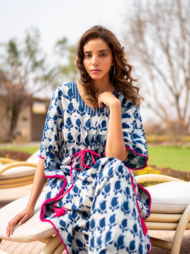 Indigo Paisley Daabu Cotton Kaftan - Pinklay