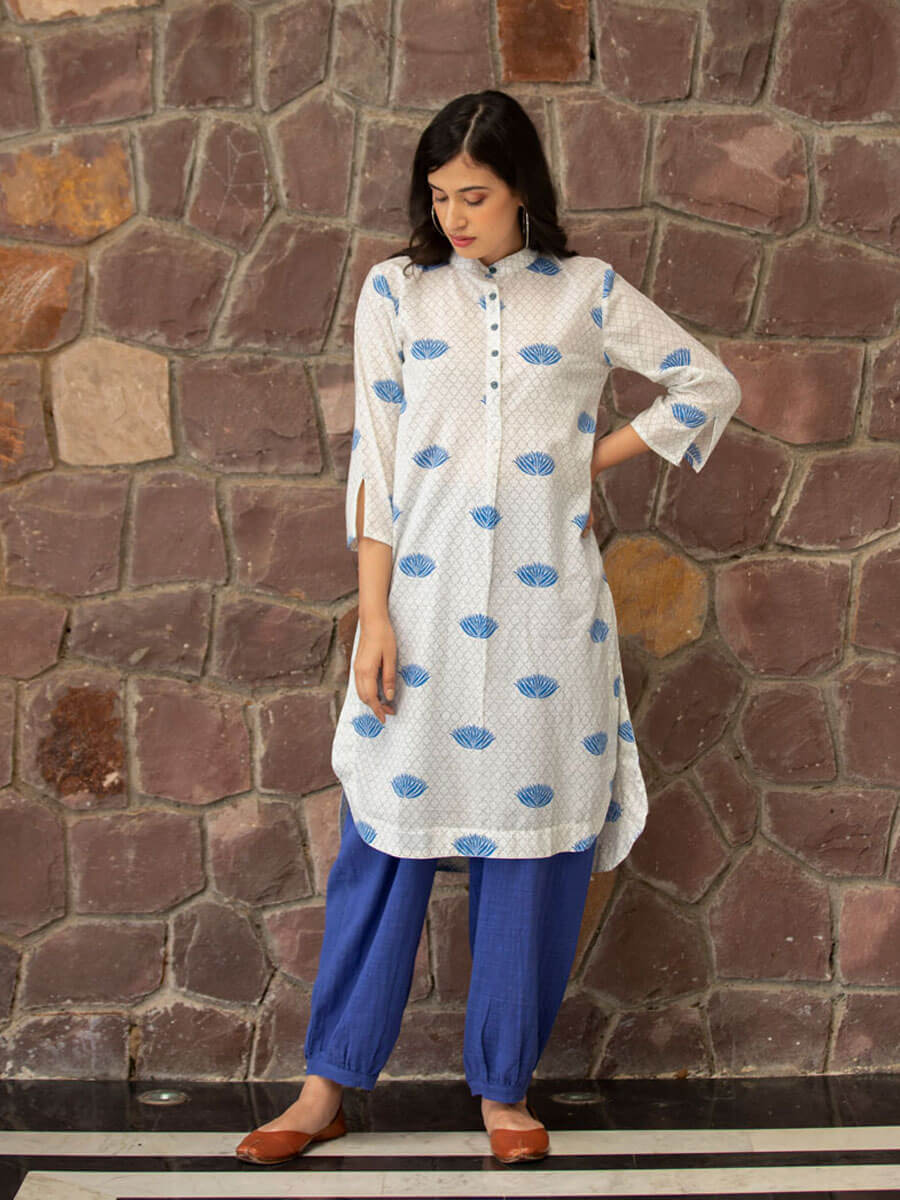 Blue Multicolor Designer Cotton Full Sleeves Chinese Collar Long Kurtis at  Best Price in New Delhi | A One Creations