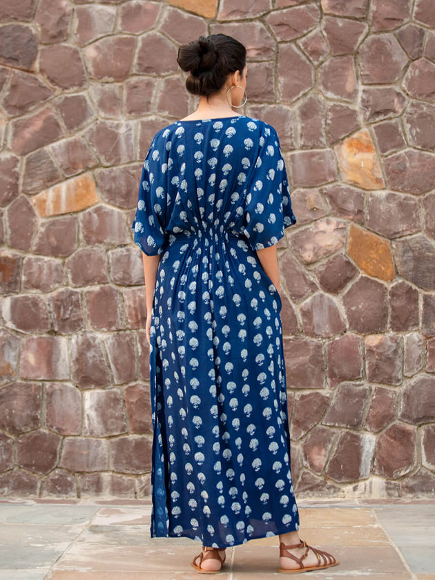 Jheel Indigo Daabu Modal Silk Kaftan Dress - Pinklay