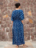 Jheel Indigo Daabu Modal Silk Kaftan Dress - Pinklay