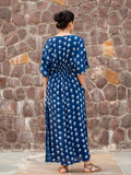 Jheel Indigo Daabu Modal Silk Kaftan Dress - Pinklay