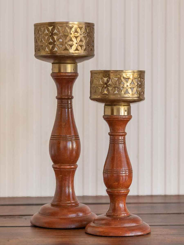 Jwala Wooden Base Cutwork Metal Candle Stand - Pinklay