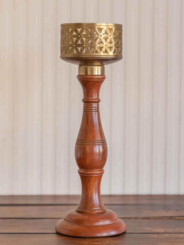 Jwala Wooden Base Cutwork Metal Candle Stand - Pinklay