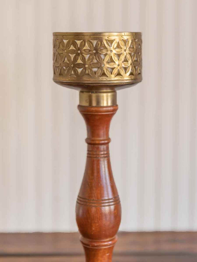 Jwala Wooden Base Cutwork Metal Candle Stand - Pinklay