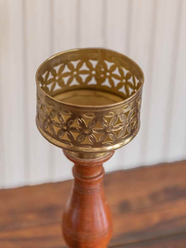 Jwala Wooden Base Cutwork Metal Candle Stand - Pinklay