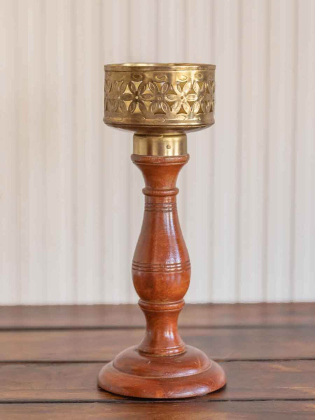 Jwala Wooden Base Cutwork Metal Candle Stand - Pinklay