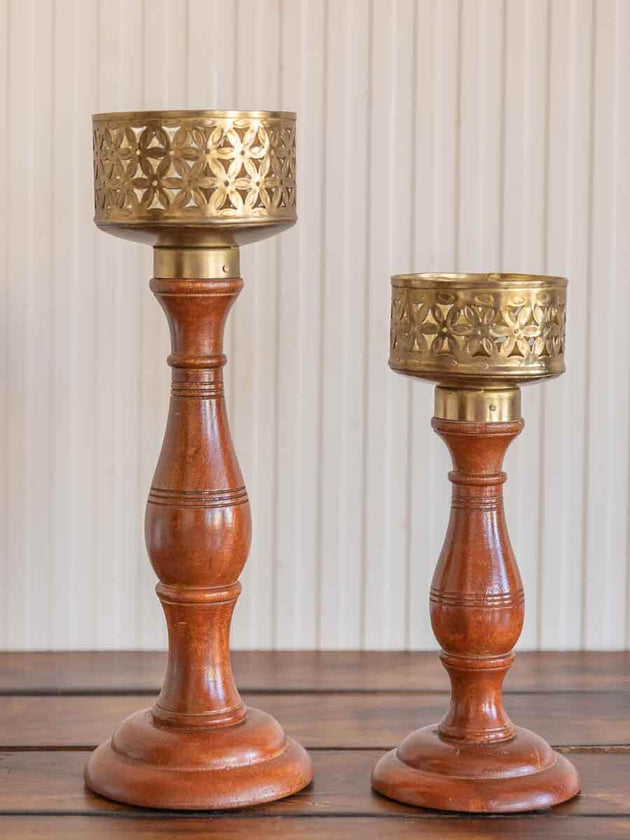 Jwala Wooden Base Cutwork Metal Candle Stand - Pinklay