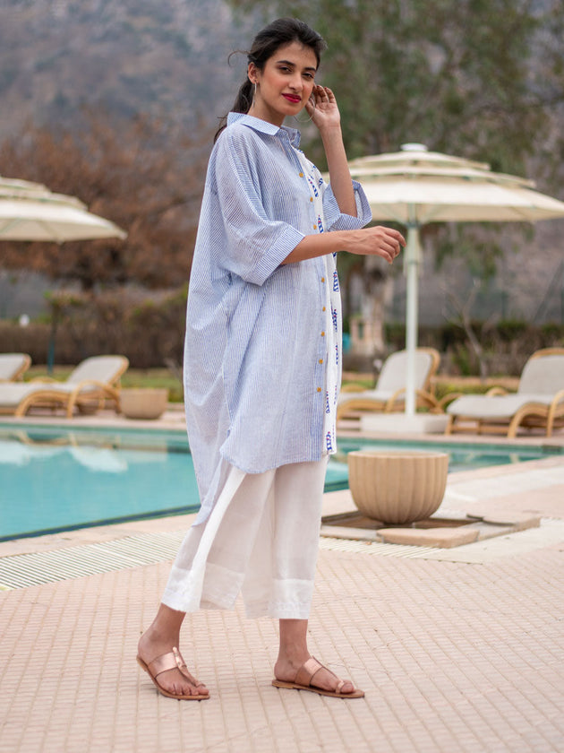 Lighthouse Asymmetrical Cotton Long Shirt - Pinklay