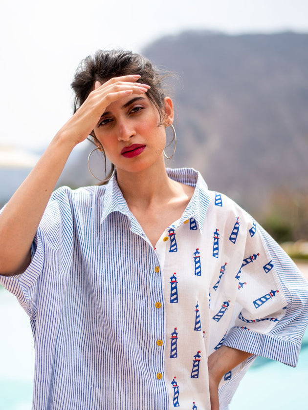 Lighthouse Asymmetrical Cotton Long Shirt - Pinklay