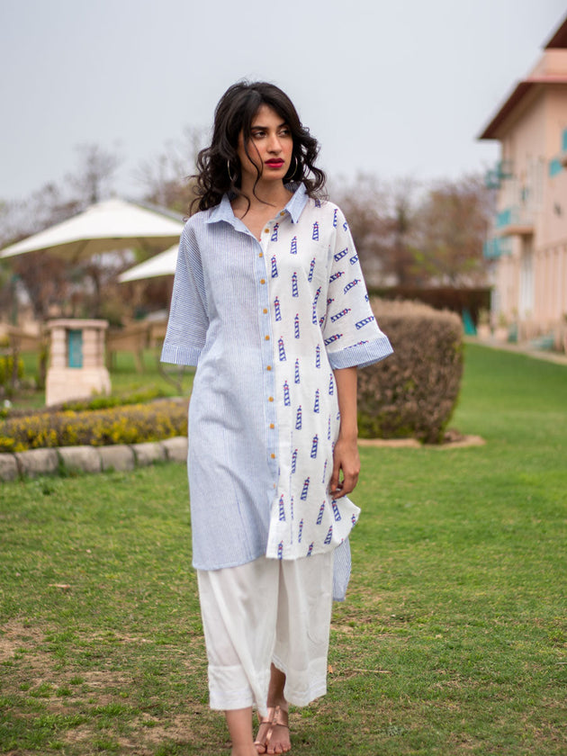Lighthouse Asymmetrical Cotton Long Shirt - Pinklay