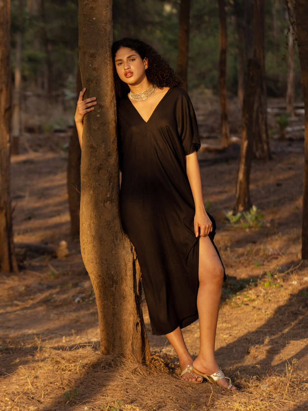 Maya Black Slub Kaftan Dress | Pinklay